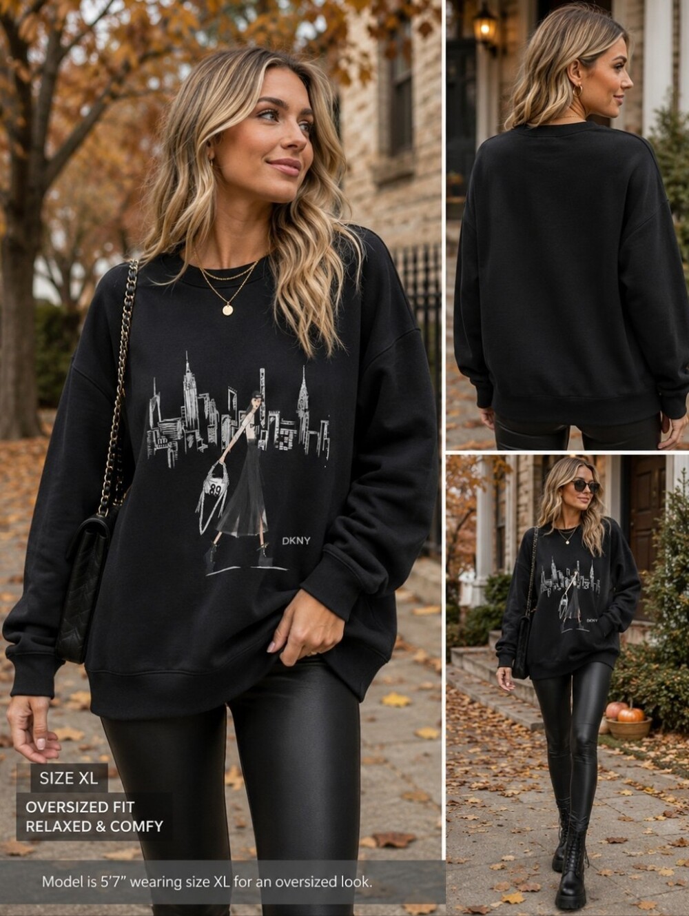 DKNY Black Graphic Sweatshirt XL Rhinestone Fashionista NYC Skyline